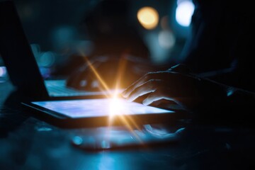 Coworking process, entrepreneur team working in creative office space. using digital tablet docking keybord and laptop with smartphone on marble desk,light beam effect. High quality