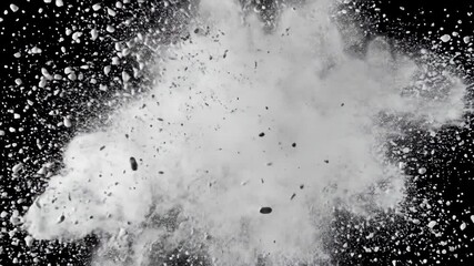 Abstract shot of white powder explosion on black background, creating dynamic burst with high contrast and dust particles in air. - Powered by Adobe