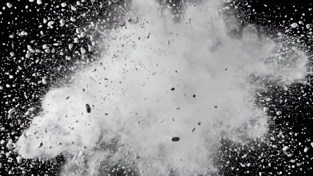 Abstract shot of white powder explosion on black background, creating dynamic burst with high contrast and dust particles in air.