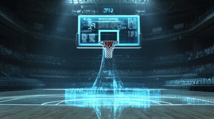 Basketball court, digital scoreboard, futuristic glow