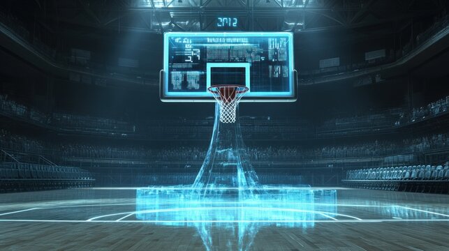 Basketball court, digital scoreboard, futuristic glow