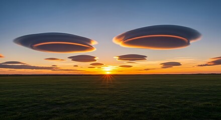 Stunning Sunset with Lenticular Clouds over Serene Field