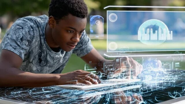 Future Innovation: A visionary student in the park engages with cutting-edge holographic interface, embracing a future where innovation and technology converge.