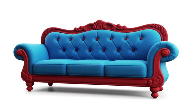 Stylized 3D sofa icon featuring a tufted design in bold blue and red colors