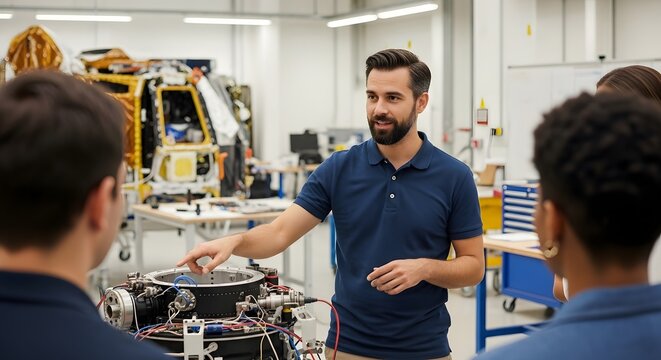 Engineer explaining robotic components to trainees - Powered by Adobe