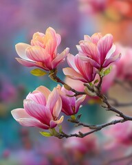 Magnolia Blossoms in Spring Light with Serene Garden Ambience, Tree Branch with White Flowers in Full Bloom