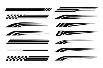 A collection of racing stripes and vehicle graphics line art vectors. Perfect for automotive, sport, and design projects.