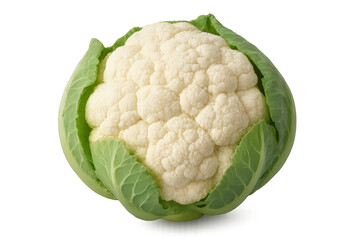 Ripe cauliflower with vibrant green leaves, isolated on a transparent background, showcasing its freshness and texture