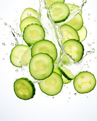 Airborne cucumber slices with a realistic photographic look, white background isolation ideal for natural and healthy living promotions