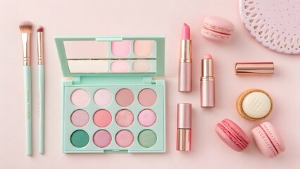 A flatlay image of pastel-themed makeup products and beauty accessories arranged neatly on a soft pink background