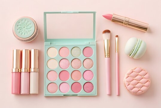 A flatlay image of pastel-themed makeup products and beauty accessories arranged neatly on a soft pink background
