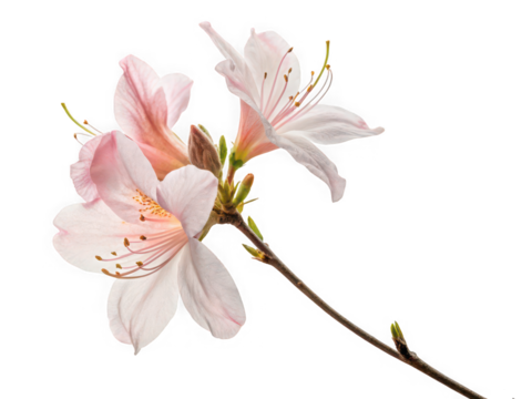 Delicate pink azalea blossoms on a branch against a black background