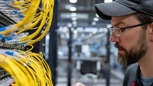 Network Technician at Work: A focused network technician meticulously inspects a server rack filled with fiber optic cables, showcasing his expertise and the intricate world of data infrastructure.