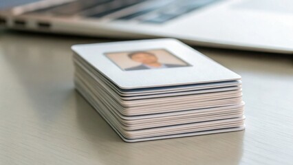 Stacked Blank ID Cards on a Desk Near a Laptop Computer