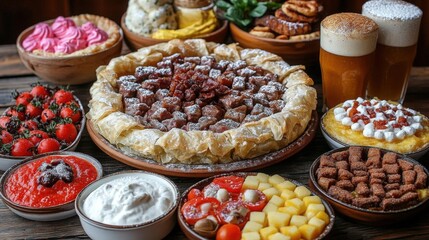 Rustic Wooden Table Feast Of Assorted Dishes