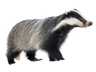 European badger walking, side profile, black background, winter fur