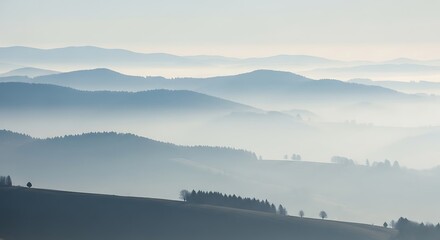 Misty Mountain Landscape Serene Hills in Soft Blue Hues