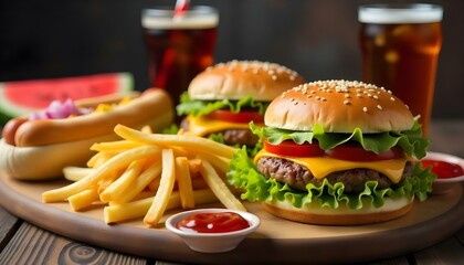 A wooden board laden with fast food two cheeseburgers, a hot dog, a pile of golden french fries with a side of ketchup, and two glasses of dark beverages. A slice of watermelon is in the background