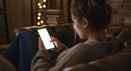Woman Using Mobile Phone at Night Sitting on Couch