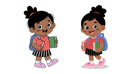 Cartoon school girls holding books and wearing backpacks in cute outfits