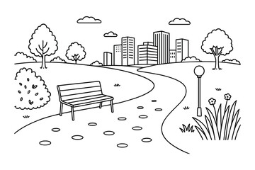 A serene city park landscape vector illustration. Features a bench, path, trees, and city skyline. Ideal for urban and nature themes.
