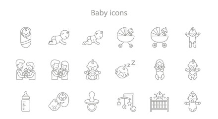 Set of Simple Line Art Baby Icons Depicting Various Stages and Activities