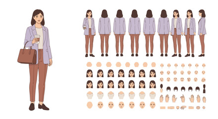 Stylish Young Woman in Lavender Blazer, Brown Trousers, and Brown Handbag Holding Coffee