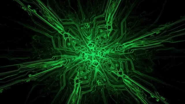 Bright green technology circuit board pattern on black, abstract technology concept.