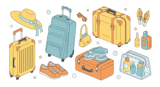 Isometric Illustration of Packed Suitcases, Accessories, and Toiletries for Travel