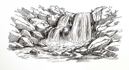 Waterfall illustration black and white drawing