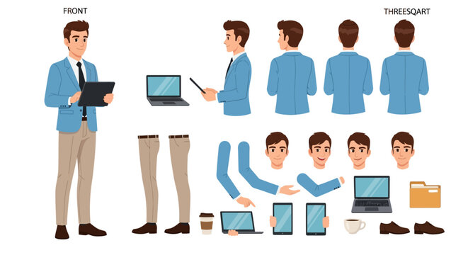 Vector Illustration of a Businessman in Various Poses and Elements