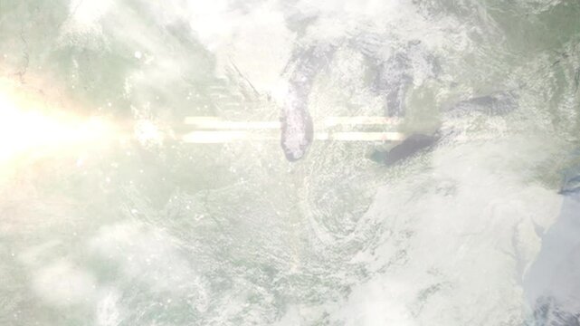 Earth zoom in from space and focus on Gary, Indiana, USA. Background for travel intro or blog. Satellite view. 3D style Animation. Images from NASA.