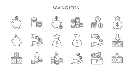 Collection of Line Art Saving Icons: Piggy Banks, Coins, and Money Bags