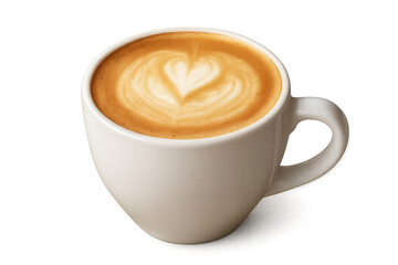Coffee cup containing cappuccino with latte art in the shape of a heart, isolated on transparent background