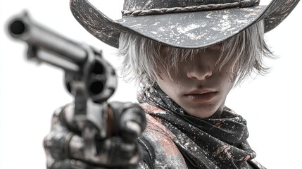 Close-up of a young person in a distressed cowboy costume, holding a revolver, with a serious expression