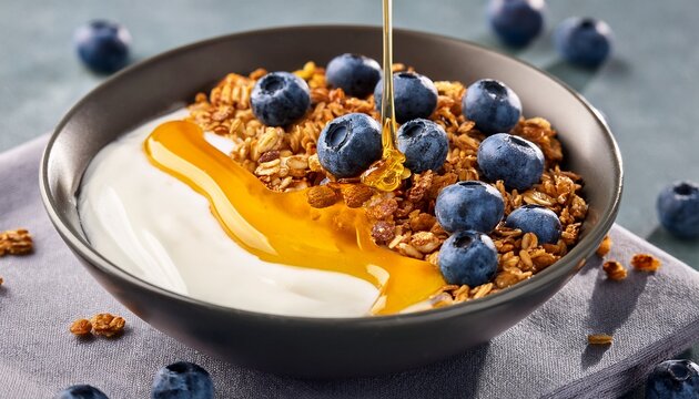 yogurt granla bowl with honey drizzle and blueberries