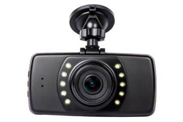 Modern vehicle dashboard camera with illuminated lights isolated with transparent background