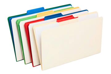 Assorted colorful office file folders for documents isolated with transparent background