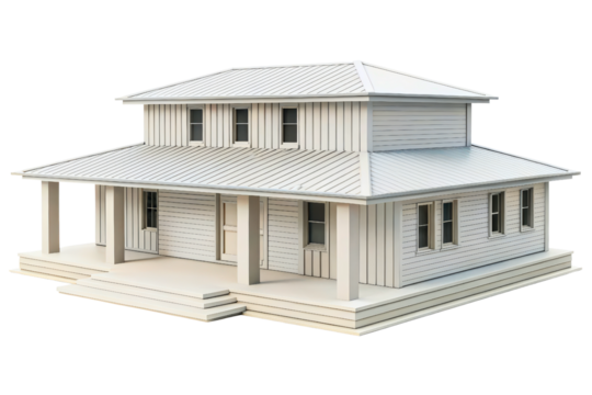 Architectural model of a white residential house isolated with transparent background