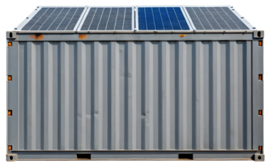 Large gray shipping container with solar panels isolated with transparent background