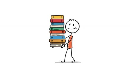 Smiling stick figure carrying books