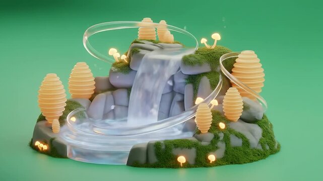 Stylized Waterfall Scene 3D Animation Loop Isolated on Green Background with Moss Covered Rocks and Glowing Trees Ideal for Game Assets and Fantasy Visuals