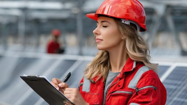 Solar Panel Inspection: A dedicated engineer, clad in safety attire, meticulously assesses solar panels, exemplifying the commitment to renewable energy and sustainable practices.