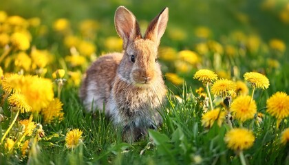 Fototapeta premium domestic rabbit on a spring meadow with fresh green grass and dandelion flowers bunny in nature