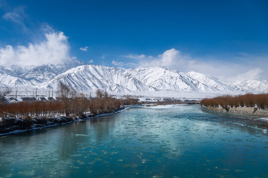 Majestic Indus River Flowing Through Snowy Himalayan Mountains