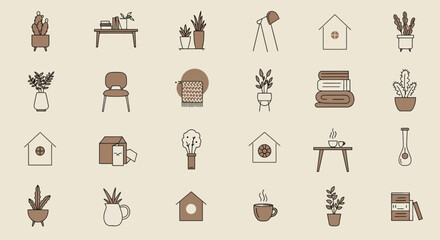 Scandinavian minimal home & lifestyle icons. Features simple, elegant lines, natural textures, and a muted, earthy color palette for a calm aesthetic.,perfect for interior design,home improvement