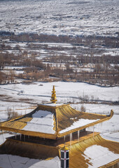 Golden Monastery Roof and Snowy Ladakh Valley Landscape