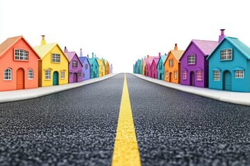 Premium Quality Picture of Road with Colorful Houses Isolated on White Background, Depth of Field