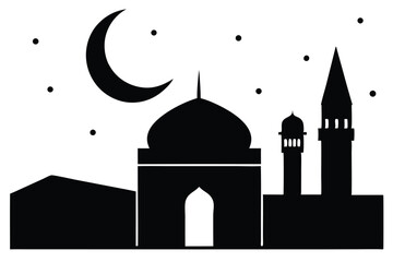 Minimalist kaaba and moon in mosque background