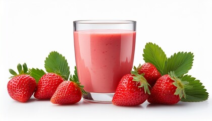 a glass of strawberry smoothie with strawberry fruits isolated on white background